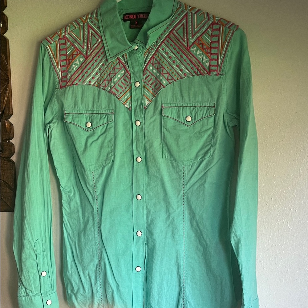 Juniors Rock & Roll Cowgirl Embroidered Green Western Shirt